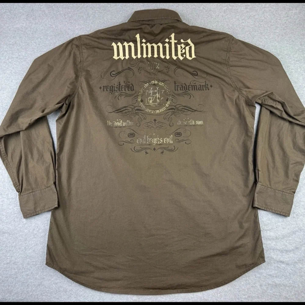 Ecko Unltd Brown Men’s Bottom Up Shirt Embroidered Trademark Sz L
